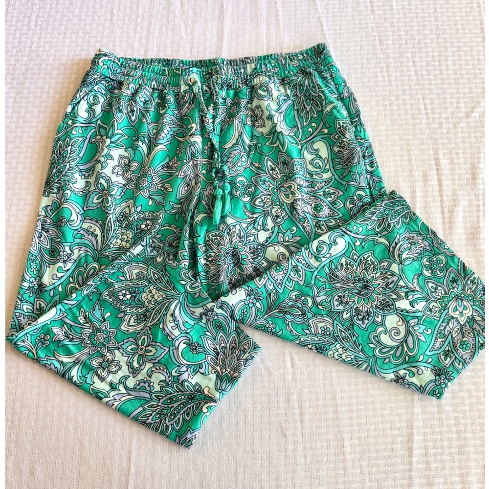 Belle Beach Kim Gravel Paisley Wide Leg Pants Teal Green Boho Large